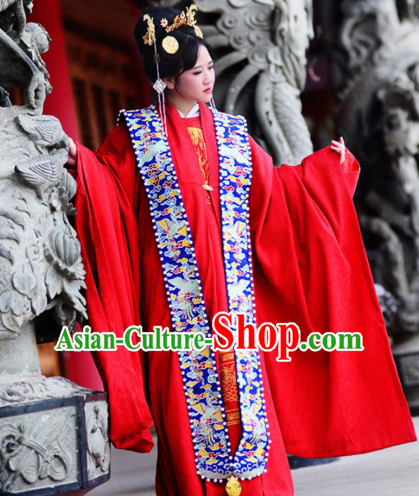 Traditional Ancient Chinese Imperial Empress Wedding Costume, Elegant Hanfu Clothing Chinese Ming Dynasty Queen Bride Embroidered Red Clothing
