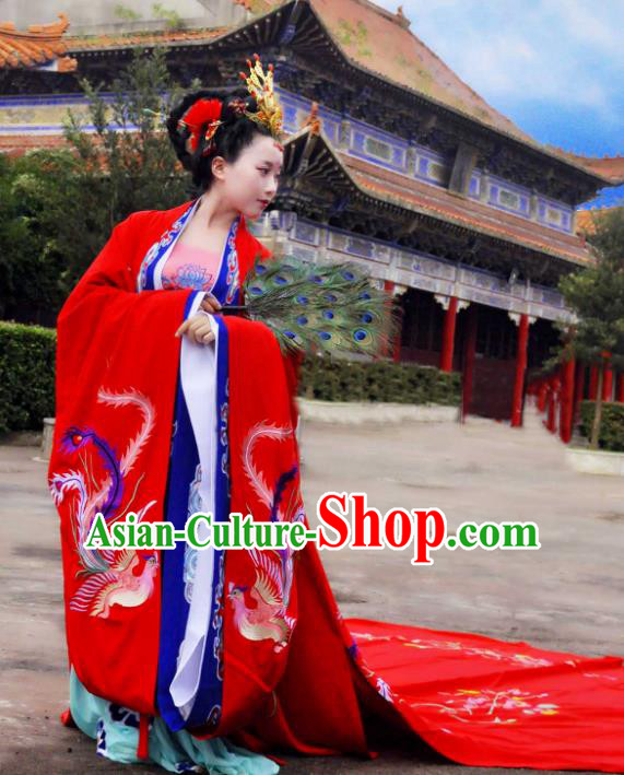 Traditional Ancient Chinese Imperial Empress Wedding Costume, Elegant Hanfu Clothing Chinese Tang Dynasty Queen Embroidered Red Clothing
