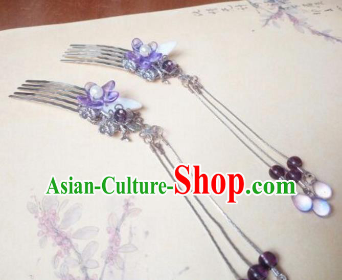 Traditional Chinese Ancient Classical Handmade Palace Princess Purple Flower Hair Accessories, Hanfu Tassel Hair Stick Hair Fascinators Hairpins for Women