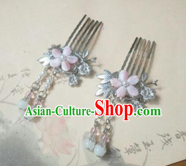 Traditional Handmade Chinese Ancient Classical Palace Lady Hair Accessories Tassel Hair Comb, Hair Fascinators Pink Hairpins for Women