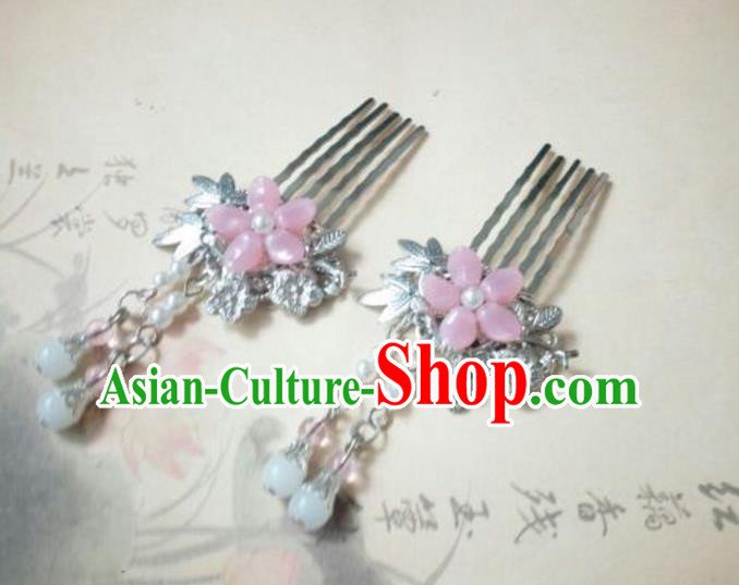 Traditional Handmade Chinese Ancient Classical Palace Lady Hair Accessories Pink Tassel Hair Comb, Hair Fascinators Hairpins for Women