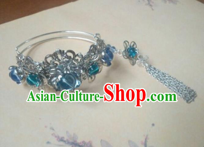 Traditional Handmade Chinese Ancient Classical Palace Lady Accessories Hanfu Bracelet Blue Beads Bangle for Women