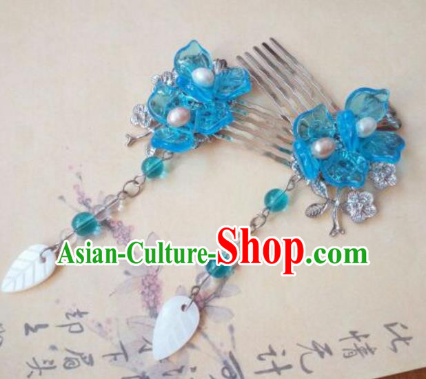 Traditional Handmade Chinese Ancient Classical Hanfu Hair Accessories Hair Comb, Princess Hairpins Blue Step Shake Headwear for Women