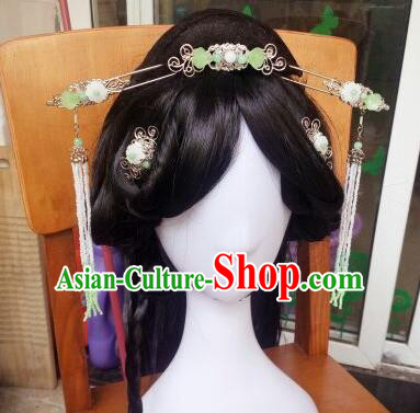 Traditional Handmade Chinese Ancient Classical Hanfu Hair Accessories Palace Lady Green Step Shake Complete Set, Princess Hairpins Hair Comb Headwear for Women
