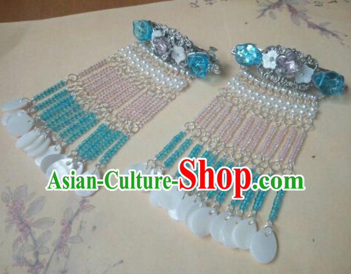 Traditional Handmade Chinese Ancient Classical Palace Lady Hair Accessories Hairpins Blue Beads Tassel Hair Claw for Women
