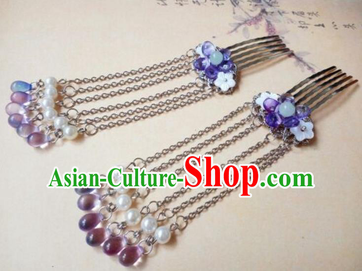 Traditional Handmade Chinese Ancient Classical Hair Accessories Purple Tassel Hair Comb for Women