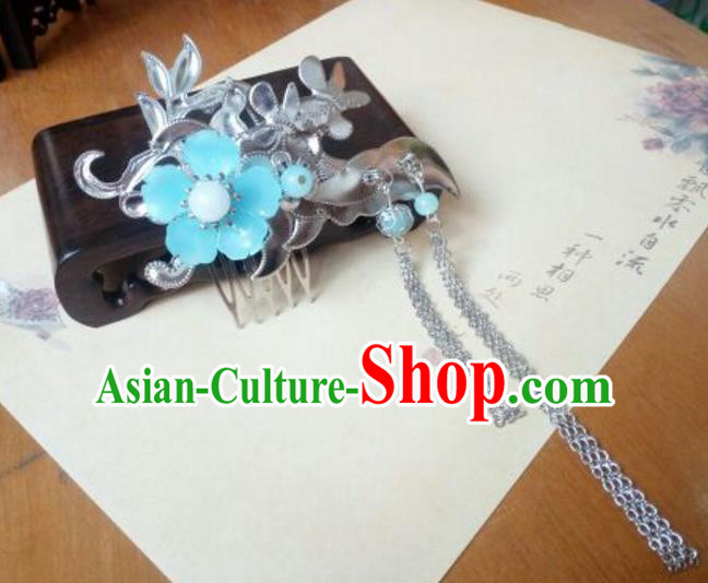 Traditional Handmade Chinese Ancient Classical Hair Accessories Hairpins Blue Flower Tassel Hair Comb for Women