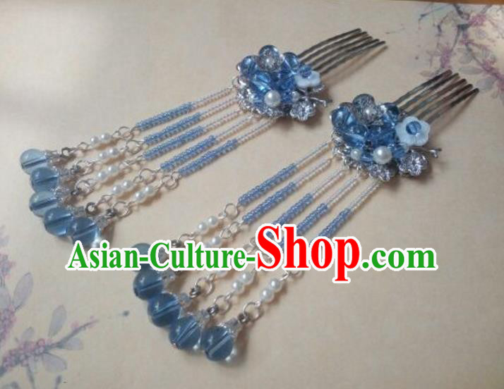 Traditional Handmade Chinese Ancient Classical Hair Accessories Hairpins Blue Beads Tassel Hair Comb for Women