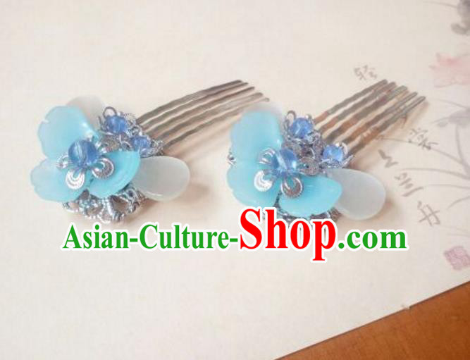 Traditional Handmade Chinese Ancient Classical Hair Accessories Hairpins Blue Hair Comb Headwear for Women