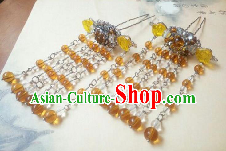 Traditional Handmade Chinese Ancient Classical Hanfu Hair Accessories, Yellow Beads Tassel Hairpins Step Shake Headwear for Women