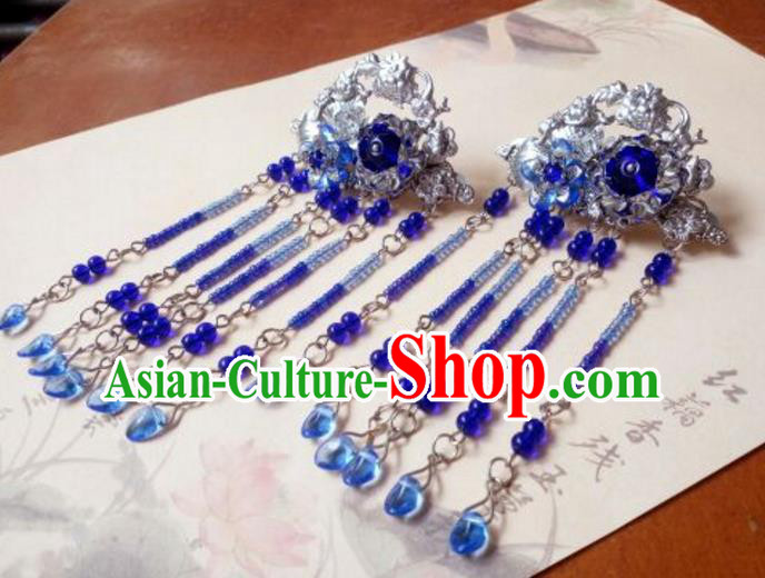 Traditional Handmade Chinese Ancient Classical Hanfu Hair Accessories, Princess Royalblue Tassel Hairpins Hair Claw Headwear for Women