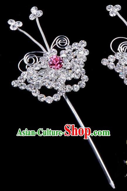 Traditional Beijing Opera Diva Hair Accessories Pink Crystal Butterfly Head Ornaments Hairpins, Ancient Chinese Peking Opera Hua Tan Hair Stick Headwear