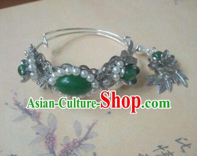 Traditional Handmade Chinese Ancient Classical Hanfu Bracelets, Princess Palace Lady Green Jade Bangle for Women