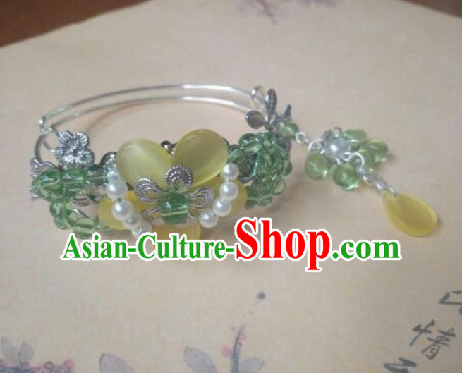 Traditional Handmade Chinese Ancient Classical Hanfu Bracelets, Princess Palace Lady Green Bead Bangle for Women