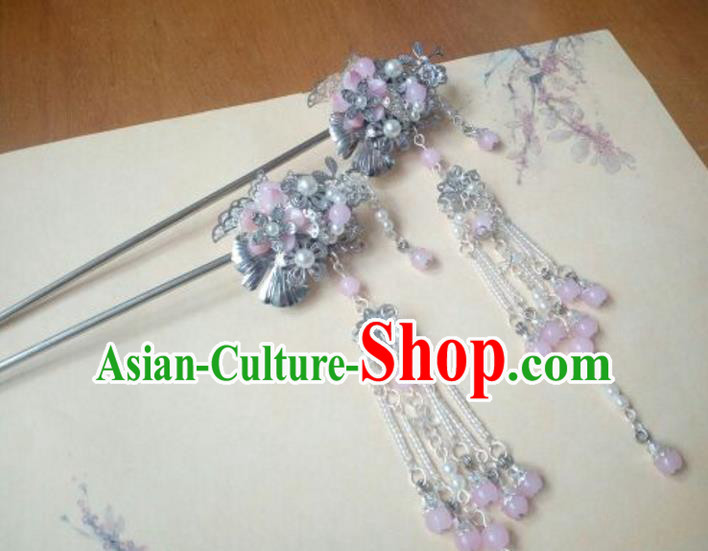 Traditional Handmade Chinese Ancient Classical Hanfu Hair Accessories Pink Beads Tassel Hairpins, Princess Headpiece Step Shake Hair Fascinators for Women