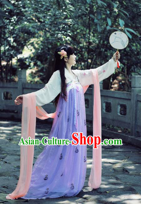 Asian Fashion Oriental China Costume, Elegant Hanfu Clothing Chinese Tang Dynasty Imperial Princess Tailing Embroidered Clothing for Women