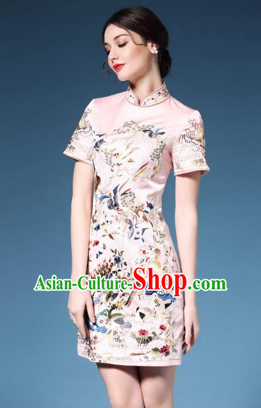 Traditional Top Grade Asian Chinese Costumes Classical Embroidery Cheongsam, China National Chirpaur Dress Pink Qipao for Women