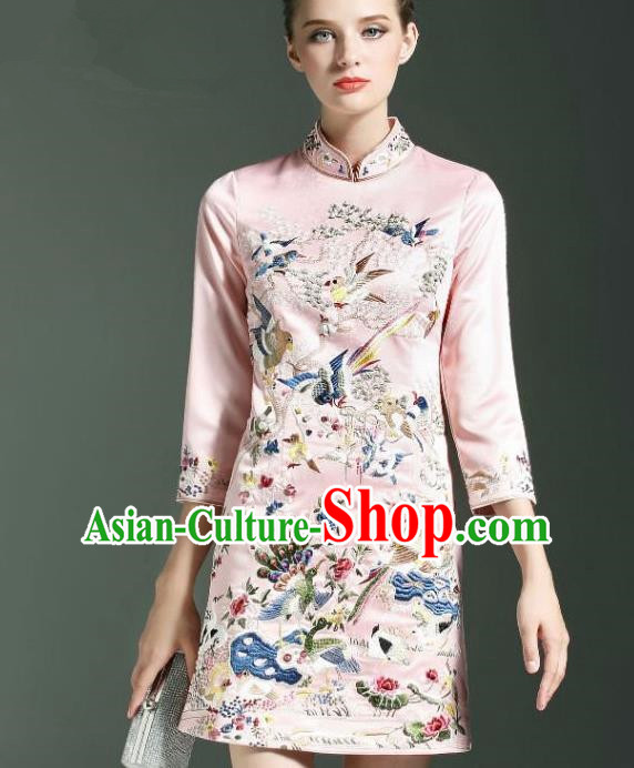 Traditional Top Grade Asian Chinese Costumes Classical Embroidery Cheongsam, China National Middle Sleeve Chirpaur Dress Pink Qipao for Women