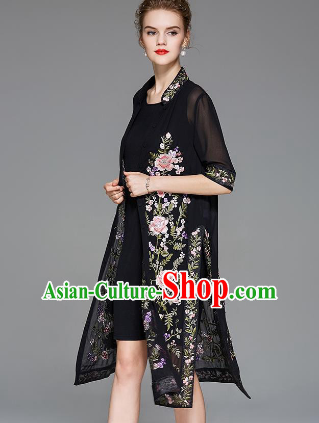 Traditional Top Grade Asian Chinese Costumes Classical Embroidery Peony Black Cardigan and Dress, China National Chirpaur Clothing Qipao for Women