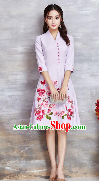 Top Grade Asian Chinese Costumes Classical Embroidery Flowers Lilac Dress, Traditional China National Slant Opening Chirpaur Qipao for Women