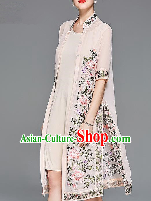 Traditional Top Grade Asian Chinese Costumes Classical Embroidery Peony Pink Cardigan and Dress, China National Chirpaur Clothing Qipao for Women