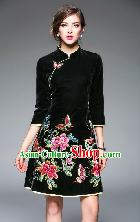 Top Grade Asian Chinese Costumes Classical Embroidery Butterfly Flowers Cheongsam, Traditional China National Middle Sleeve Chirpaur Dress Black Qipao for Women