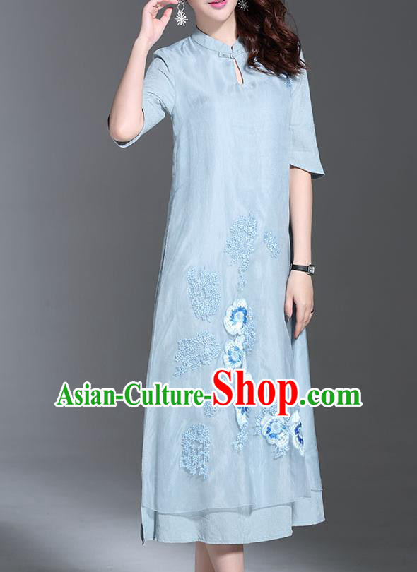 Top Grade Asian Chinese Costumes Classical Embroidery Blue Dress Stand Collar Cheongsam, Traditional China National Embroidered Chirpaur Qipao for Women