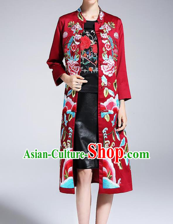 Top Grade Asian Chinese Costumes Classical Embroidery Red Satin Plated Buttons Cheongsam, Traditional China National Dust Coat Embroidered Peony Chirpaur Clothing for Women