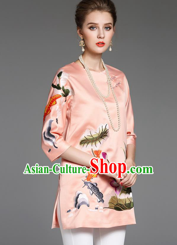 Top Grade Asian Chinese Costumes Classical Embroidery Upper Outer Garment, Traditional China National Middle Sleeve Embroidered Lotus Blouse for Women