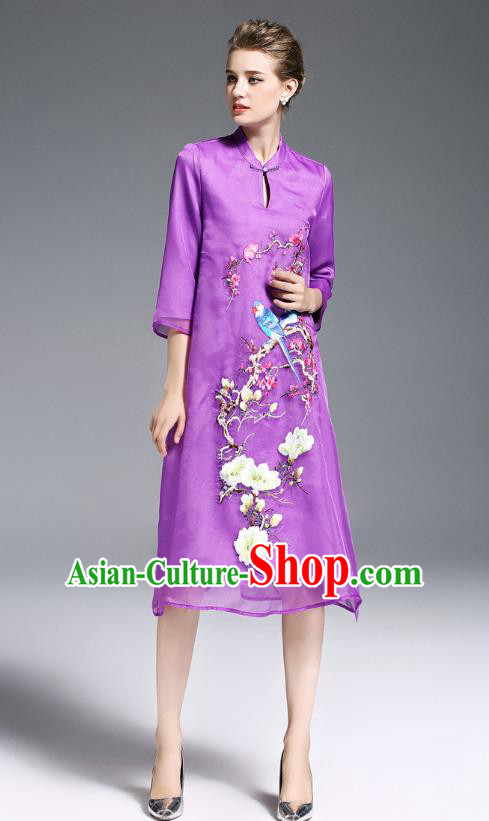 Top Grade Asian Chinese Costumes Classical Embroidery Cheongsam, Traditional China National Middle Sleeve Chirpaur Plated Buttons Purple Qipao for Women