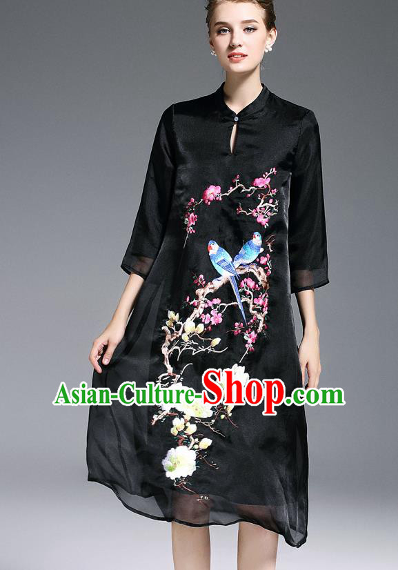 Top Grade Asian Chinese Costumes Classical Embroidery Cheongsam, Traditional China National Middle Sleeve Chirpaur Plated Buttons Black Qipao for Women