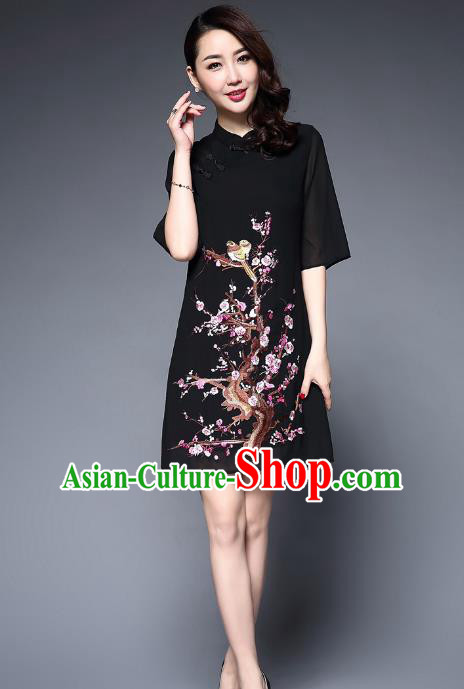 Top Grade Asian Chinese Costumes Classical Embroidery Plum Blossom Short Cheongsam, Traditional China National Black Chirpaur Dress Qipao for Women
