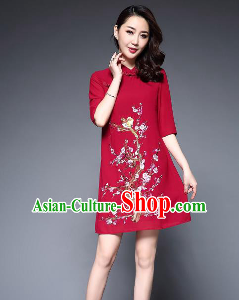 Top Grade Asian Chinese Costumes Classical Embroidery Plum Blossom Short Cheongsam, Traditional China National Red Chirpaur Dress Qipao for Women
