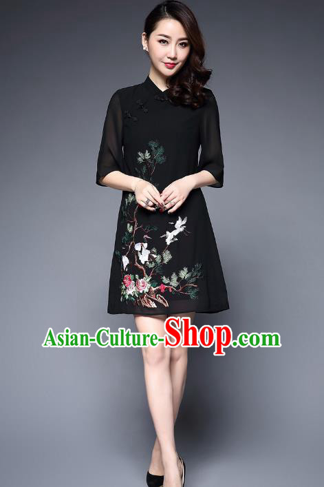 Top Grade Asian Chinese Costumes Classical Embroidery Crane Short Cheongsam, Traditional China National Slant Opening Black Chirpaur Dress Qipao for Women