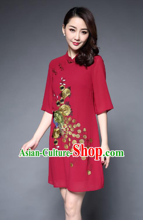 Top Grade Asian Chinese Costumes Classical Embroidery Peacock Short Red Cheongsam, Traditional China National Plated Buttons Chirpaur Dress Qipao for Women