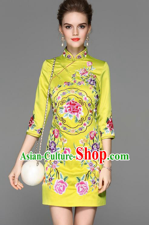 Top Grade Asian Chinese Costumes Classical Embroidery Peony Silk Yellow Cheongsam, Traditional China National Plated Buttons Chirpaur Dress Qipao for Women
