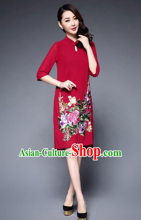 Top Grade Asian Chinese Costumes Classical Embroidery Peony Cheongsam, Traditional China National Plated Buttons Red Chirpaur Dress Qipao for Women