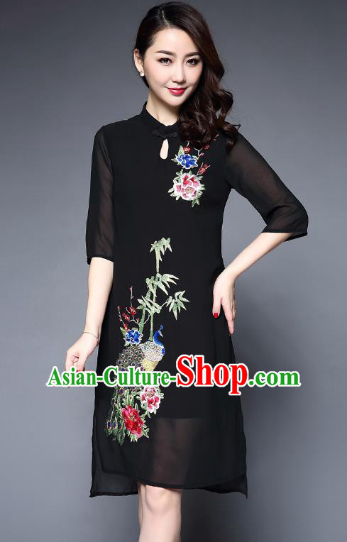 Asian Chinese Oriental Costumes Classical Embroidery Peacock Black Cheongsam, Traditional China National Tang Suit Plated Buttons Chirpaur Dress Qipao for Women