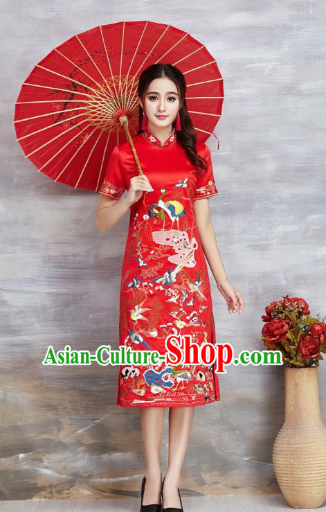 Asian Chinese Oriental Costumes Classical Embroidery Crane Red Cheongsam, Traditional China National Tang Suit Qipao Dress for Women