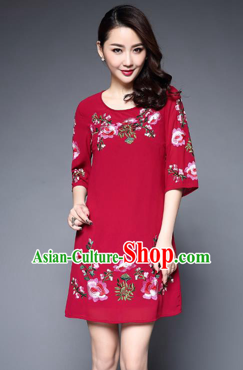 Asian Chinese Oriental Costumes Classical Embroidery Peony Chiffon Dress, Traditional China National Tang Suit Red Dress Qipao for Women