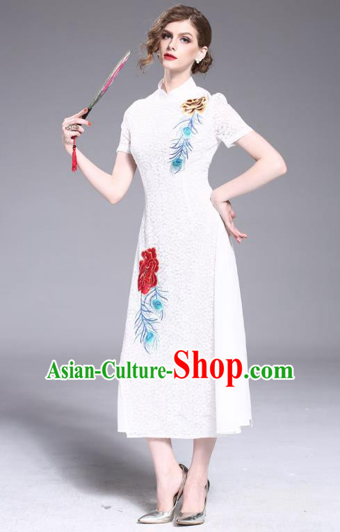 Asian Chinese Oriental Costumes Classical Embroidery White Lace Cheongsam, Traditional China National Tang Suit Stand Collar Qipao Dress for Women