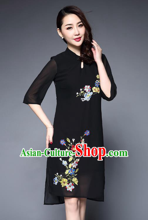 Asian Chinese Oriental Costumes Classical Embroidery Flowers Chiffon Dress, Traditional China National Tang Suit Black Cheongsam Qipao for Women