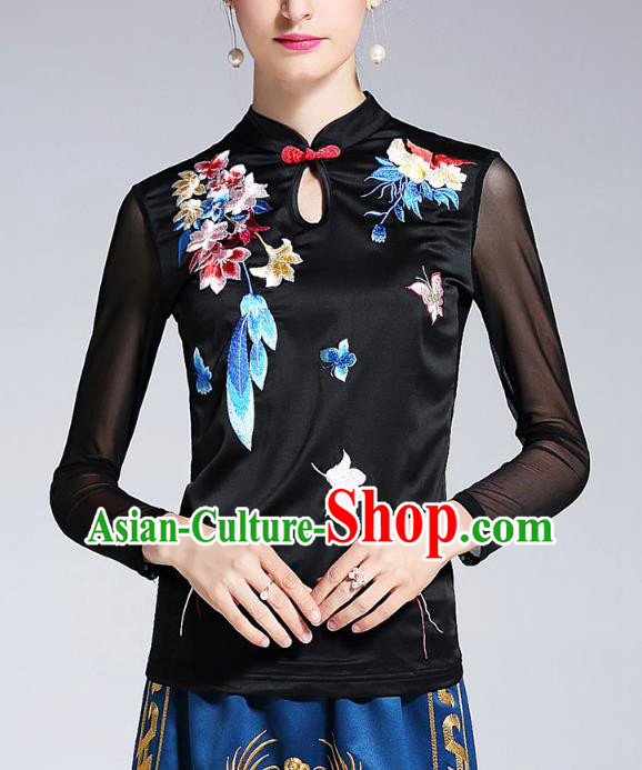 Asian Chinese Oriental Costumes Black Cheongsam Blouse, Traditional China National Embroidery Chirpaur Upper Outer Garment for Women