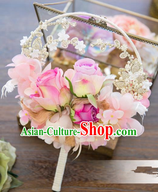 Traditional Asian Oriental Chinese Palace Lady Princess Wedding Round Fans, Bride Pink Flowers Circular Fan for Women