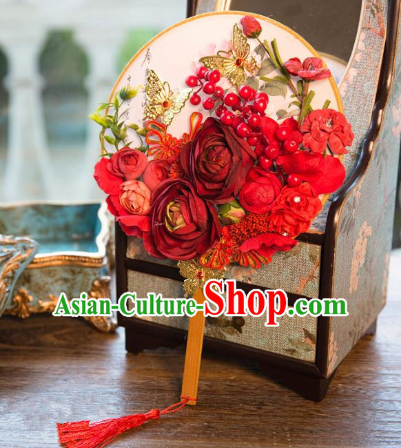 Traditional Asian Oriental Chinese Palace Lady Princess Wedding Round Fans, Bride Red Flowers Circular Fan for Women
