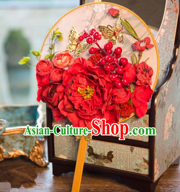 Traditional Asian Oriental Chinese Palace Lady Princess Wedding Round Fans, Bride Red Peony Flowers Circular Fan for Women