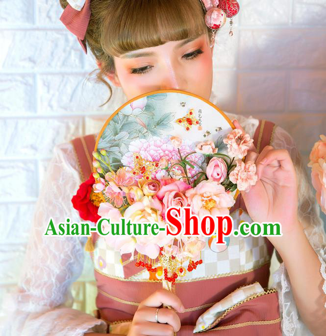Traditional Asian Oriental Chinese Palace Lady Princess Wedding Round Fans, Bride Pink Peony Flowers Circular Fan for Women