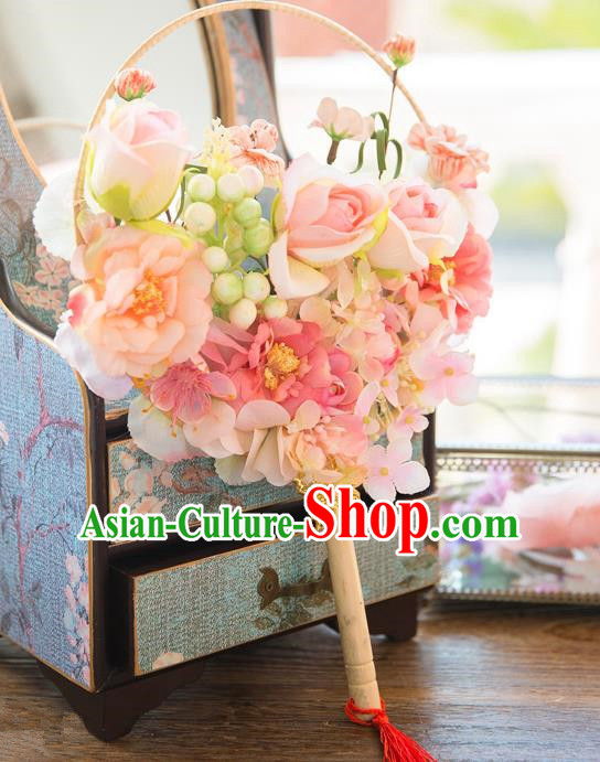 Traditional Asian Oriental Chinese Palace Lady Princess Wedding Round Fans, Bride Pink Silk Flowers Circular Fan for Women