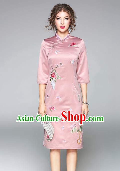 Asian Chinese Oriental Costumes Pink Plated Buttons Cheongsam, Traditional China National Embroidery Chirpaur Dress for Women