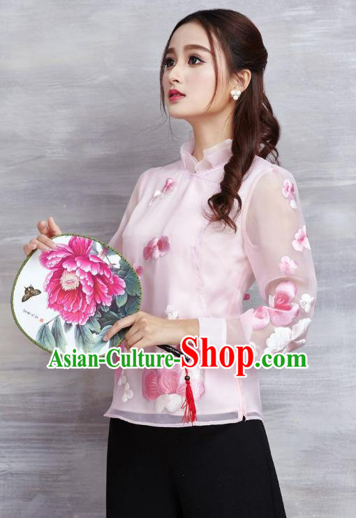 Asian Chinese Oriental Costumes Classical Embroidery Flowers Pink Chiffon Blouse, Traditional China National Tang Suit Cheongsam Upper Outer Garment for Women